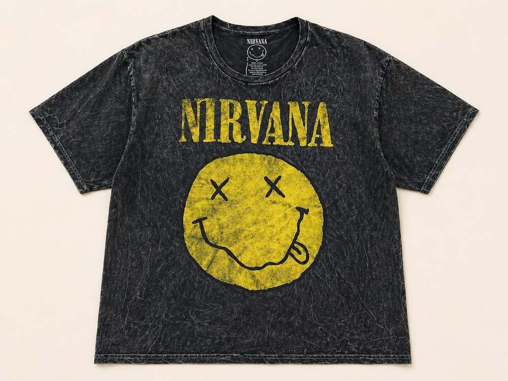 Y2K Nirvana Smiley Face Band‎ Tee Acid Wash Grunge XL Oversized